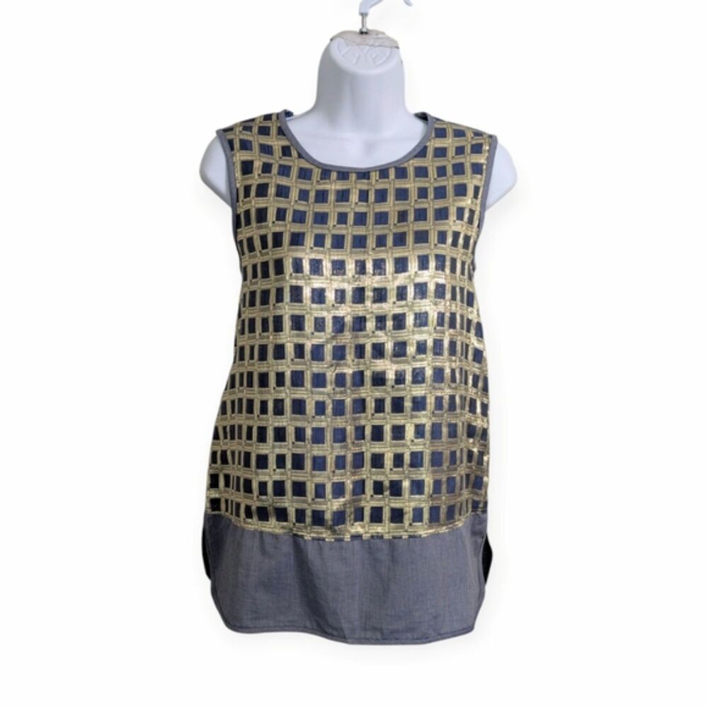 'S MaxMara Blue Gold Square Pattern Top Blouse Size 8 Sleeveless Luxury Party